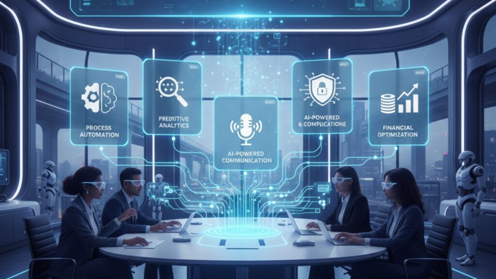 A futuristic office scene with the blog post title 'The 5 AI-Powered Tools Every Business Needs for Automation in 2026' above holographic icons for business automation, predictive analytics, communication, compliance, and financial optimization.